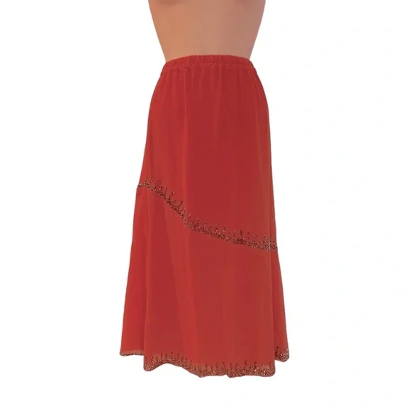 ASHRO Bead Trimmed Georgette Tangerine Orange Midi Skirt Set Wedding Guest Dress - Picture 11 of 16